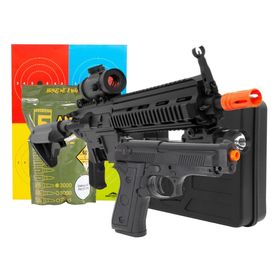 Pistola de Airsoft P92 038 Spring – Vigor + Rifle de Airsoft AEG M4 M804 A2 + Lanterna + Red Dot Fake + Case + BBS + Alvo