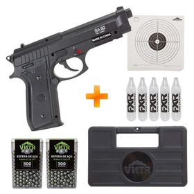 Pistola de Pressão a Gás CO2 PT92 Slide Fixo Full Metal 4.5mm- Swiss Arms + Case Rígida + 5 CO2 + 600 Esferas Aço + Alvos