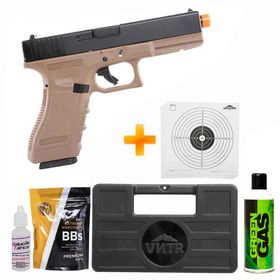 Pistola de Airsoft GBB R18 Tan Blowback Slide Metal + Case + BBs + Green Gás + Alvos