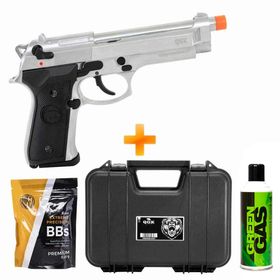 Pistola de Airsoft a Gás GBB Green Gás 92 A2 Silver QGK Blowback Full Metal – QGK + Maleta + BB's + Green Gás