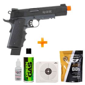 Pistola de Airsoft GBB R32 1911 M.E.U Dual Tone Darkstorm Blowback Full Metal + BBs + Green Gás + Alvos