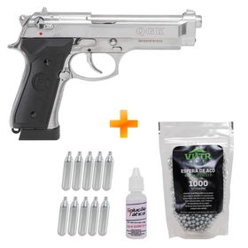 Pistola de Pressão a Gás GBB CO2 KL92 S Blowback Full Metal 4.5mm - QGK + CO2 + Esferas de Aço