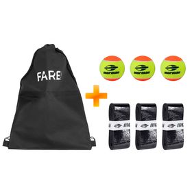 Kit Beach Tennis Mochila Preta 14 Litros - FARE BRASIL + 3 Bolas Mormaii + 3 OverGrip Preto - Mormaii