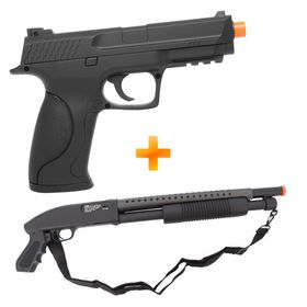 Shotgun Airsoft M58B Spring + Pistola de Airsoft Spring MP40 S&W M293 - Double Eagle