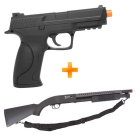 Shotgun Airsoft M58A Spring + Pistola de Airsoft Spring MP40 S&W M293 - Double Eagle