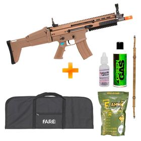 Rifle de Airsoft GBB Green Gás Scar Tan Blowback 6mm – WE + BBs + Green Gás + Bandoleira + Capa