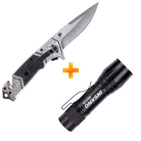 Kit E.D.C Basic Canivete Tático Fox Preto Grafite - Gripho + Lanterna Attack Com Clip