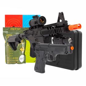 Pistola de Airsoft P92 038 Spring – Vigor + Rifle de Airsoft AEG CQB M4 M805A + Lanterna + Red Dot Fake - Double Eagle + Case + BBS + Alvo