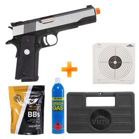 Pistola de Airsoft GBB Green Gas Mk-IV 70 R29 Black e Silver Full Metal + Maleta + Green Gás + BB's + Alvos