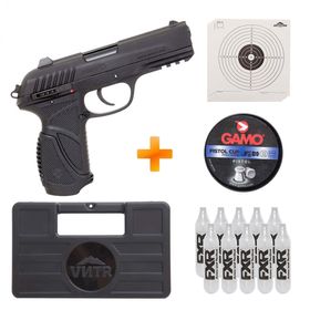 Pistola de Pressão a Gás GAMO GBB CO2 PT-85 Blowback Slide Metal Black 4.5mm + Maleta + 10 Cilindros CO2 + Chumbinho + Alvos