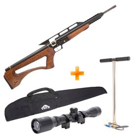 Carabina de Pressão PCP Hunter Wood Ultra Power 5.5mm Fiora + Bomba Manual + Capa + Luneta