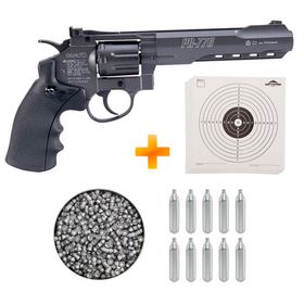 Kit Revólver de Pressão a Gás CO2 PR-776 4.5mm - Gamo + Chumbinhos + CO2 + Alvos