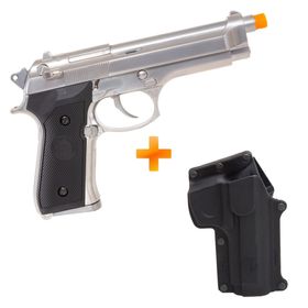 Pistola de Airsoft a Gás GBB Green Gas M92 Cromada Full Metal Blowback 6mm - WE + Coldre Fobus