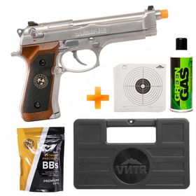 Pistola de Airsoft a Gás GBB Green Gas M92 BIOHAZARD Cromada Full Metal Blowback 6mm - WE + Green Gás + BB's + Alvos