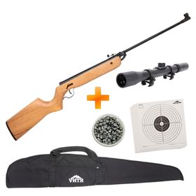Carabina de Pressão Fiora Madeira 5.5mm + Luneta 4x20 + Capa + Chumbinho + Alvos