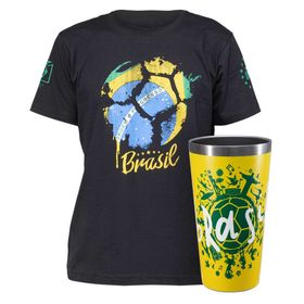 Kit Torcedor Camiseta Brasil Copa do Mundo + Copo Térmico ST Sleek Future Brasil País do Futebol 473ml