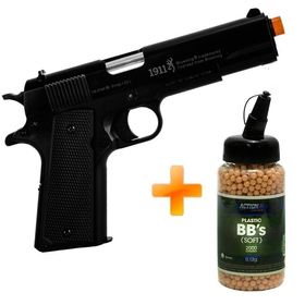 Pistola Airsoft Mola Spring Plástica 1911 Browning + 2.000 BBs .12g
