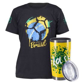 Kit Torcedor Camiseta Brasil Copa do Mundo + Copo Térmico CT Future Brasil País do Futebol 591ml