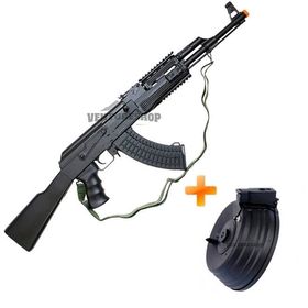 Airsoft Kit AK 47 Tactical Full Stock Version FSV Kalashinikov AEG + Airsoft Magazine Drum AK 2500 BBs Automático