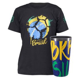 Kit Torcedor Camiseta Brasil Copa do Mundo + Copo Térmico ST Sleek Future Brasil Verde Amarelo 473ml