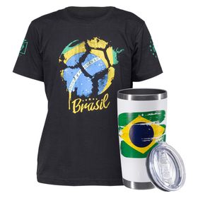 Kit Torcedor Camiseta Brasil Copa do Mundo + Copo Térmico Glück CT Future Brasil Nação Brasileira 591ml