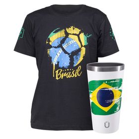 Kit Torcedor Camiseta Brasil Copa do Mundo + Copo Térmico ST Sleek Future Nação Brasileira 473ml