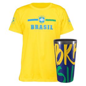 Kit Torcedor Camiseta Brasil Copa do Mundo Catar 2022 + Copo Térmico ST Sleek Future Brasil Verde Amarelo 473ml