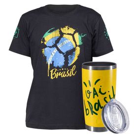 Kit Torcedor Camiseta Brasil Copa do Mundo + Copo Térmico CT Future Vai Brasil 591ml