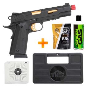 Pistola de Airsoft a Gás GBB Green Gas 1911 Redwings Gold 6mm - Rossi + Maleta + Green Gás + BB's + Alvos