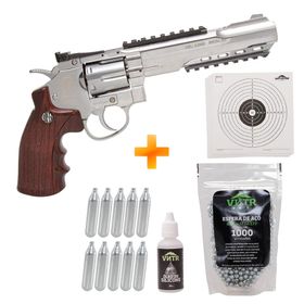 Revólver de Pressão a Gás CO2 702S 6" 4.5mm Niquelado Wingun - Rossi + Esferas de Aço + 10 Co2 + Óleo Silicone + Alvos