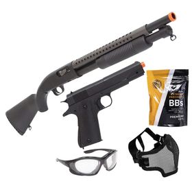 Shotgun Airsoft M58A Spring - Double Eagle + Pistola Spring + BBs + Óculos + Mascara