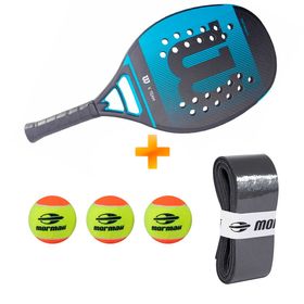 Raquete Beach Tennis K Team Preta/Azul Com Capa - Wilson+ 3 Bolas Premium - Mormaii + Overgrip Premium - Mormaii