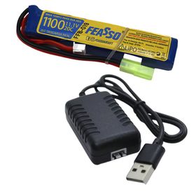 Bateria Lipo Airsoft F19 20C 11.1V 1100mAh + Carregador Usb