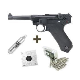 Pistola Pressão CO2 Luger P08 Blowback 4.5 + Co2 + BBs +Alvo