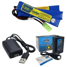 Bateria Lipo Airsoft F22 15C 11.1V 1300mAh Carregador + Usb