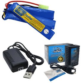 Bateria Lipo Airsoft F18 20C 11.1V 1100mAh + Carregador +Usb