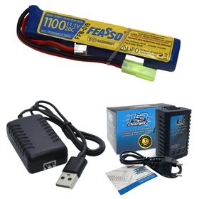 Bateria Lipo Airsoft F19 20C 11.1V 1100mAh Carregador + Usb