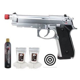 Pistola Airsoft Gás GBB M92 Silver Full Metal+Gás+BBs+Alvos