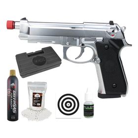 Pistola Airsoft GBB M92 Silver FullMetal+Gás+BBs+Case+Itens