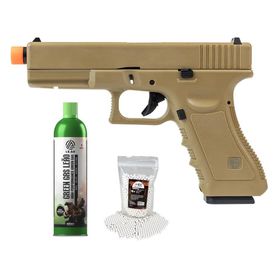 Pistola Airsoft Green Gas V17 Tan Blowback 6mm + GBB + BBS