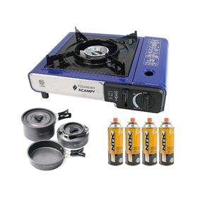 Fogareiro Portátil Acampy Cozinha e Camping Azul+Kit Panelas